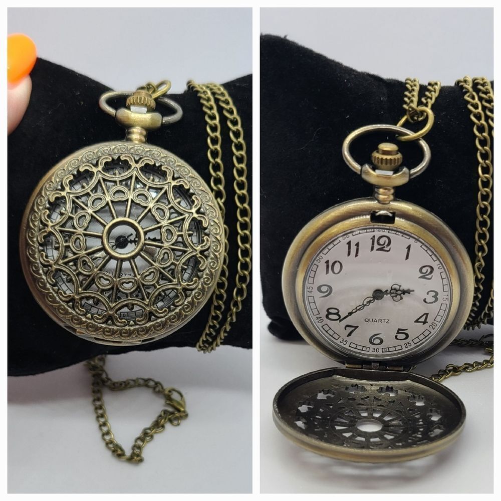 Steampunk Gear Pocket Watch Antique Bronze Skeleton Cutout Quartz Chain Vintage
